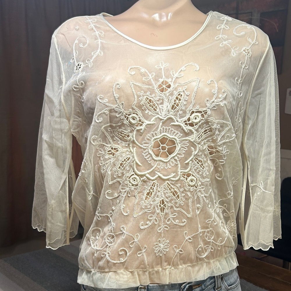 CAMI International Chic Sheer Embroidered Women's Blouse- Nylon- Medium-